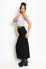 Front Slit Pocketed Denim Midi Skirt