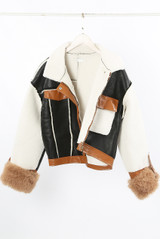 PU Borg Jacket With Faux Fur Cuff