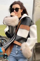 PU Borg Jacket With Faux Fur Cuff