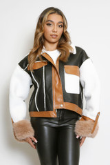 PU Borg Jacket With Faux Fur Cuff