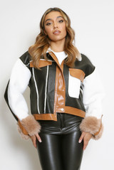 PU Borg Jacket With Faux Fur Cuff