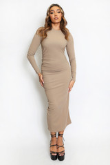 Side Ruched Long Sleeve Midi Dress