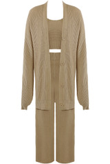Three Piece Long Cardigan And Wide Leg Trouser Set 