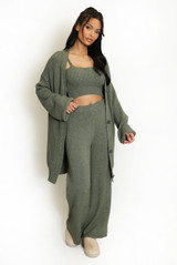 Three Piece Long Cardigan And Wide Leg Trouser Set 