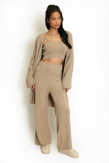 Three Piece Long Cardigan And Wide Leg Trouser Set 