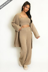 Three Piece Long Cardigan And Wide Leg Trouser Set 