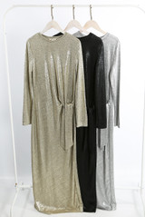 Metallic Long Sleeve Tie Side Maxi Dress