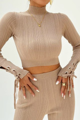 Ribbed High Neck Top And Flare Trouser Set
