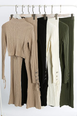 Ribbed High Neck Top And Flare Trouser Set