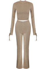 Ribbed High Neck Top And Flare Trouser Set