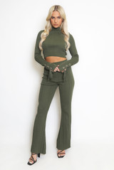 Ribbed High Neck Top And Flare Trouser Set