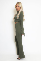 Ribbed High Neck Top And Flare Trouser Set