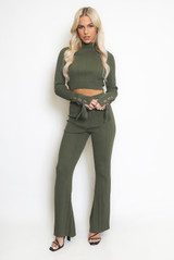 Ribbed High Neck Top And Flare Trouser Set