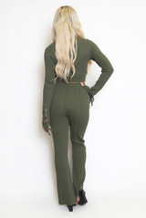 Ribbed High Neck Top And Flare Trouser Set