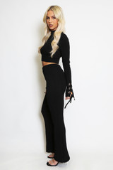 Ribbed High Neck Top And Flare Trouser Set
