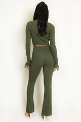 Ribbed High Neck Top And Flare Trouser Set