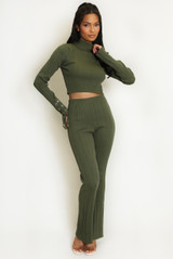 Ribbed High Neck Top And Flare Trouser Set