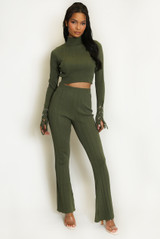 Ribbed High Neck Top And Flare Trouser Set