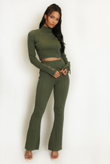 Ribbed High Neck Top And Flare Trouser Set
