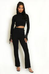 Ribbed High Neck Top And Flare Trouser Set