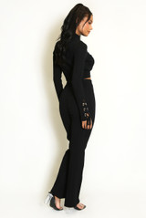 Ribbed High Neck Top And Flare Trouser Set
