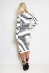 Striped Square Neck Side Slit Midi Dress