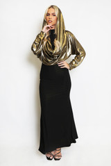 Metallic Cowl Hooded Maxi Dress