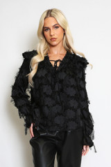 Frilled Mohair Trim V Neck Blouse