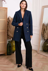 Blue Buttons Trim Mid Length Wool Blazer