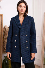 Blue Buttons Trim Mid Length Wool Blazer