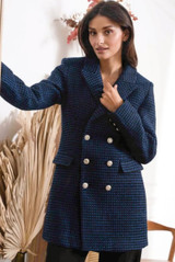 Blue Buttons Trim Mid Length Wool Blazer