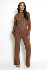 Ribbed Side Cut Out Jumper And Flare Trouser Set