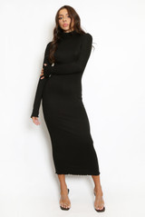 Ruched High Neck Long Sleeve Maxi Dress