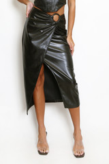 PU Ring Detail Midi Skirt 