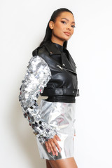 Sequin Sleeve Cropped Biker Jacket