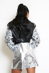 Sequin Sleeve Cropped Biker Jacket