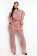 Waffle Cropped Top And Flare Trouser Set 