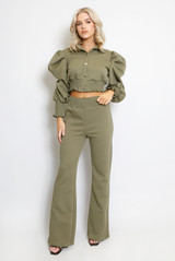 Waffle Cropped Top And Flare Trouser Set 