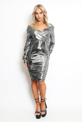 Metallic Ruched V Neck Midi Dress