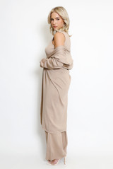 Three Piece Top  Cardigan And Wide Leg Trouser Set 