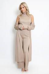 Three Piece Top  Cardigan And Wide Leg Trouser Set 