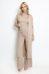 Three Piece Top  Cardigan And Wide Leg Trouser Set 