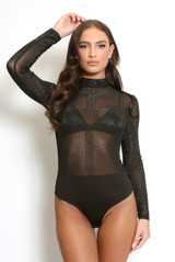 Embellished Diamante High Neck Sheer Bodysuit