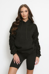 Ruched Sleeve Pocketed Hoodie