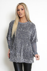 Sequin Mesh Sleeves Oversize T-Shirt