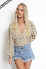 V-Neck Dogtooth Cropped Blouse