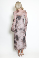 Tie Dye Print Mesh Long Sleeve Maxi Dress