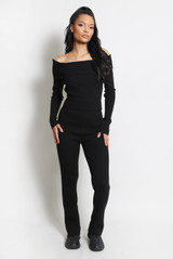Off Shoulder Knitted Jumper And Wide Leg Trouser Set