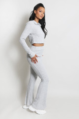 Zip Front Rib Top And Flare Trouser Set