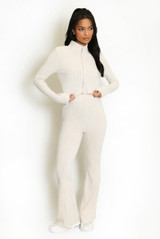 Zip Front Rib Top And Flare Trouser Set